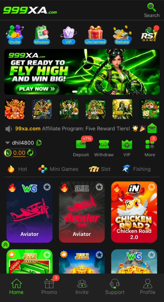 999A1 Game dashboard with games and account options