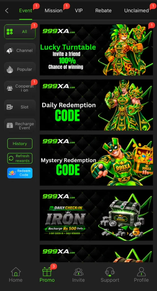 999A1 Game promotion and rewards section