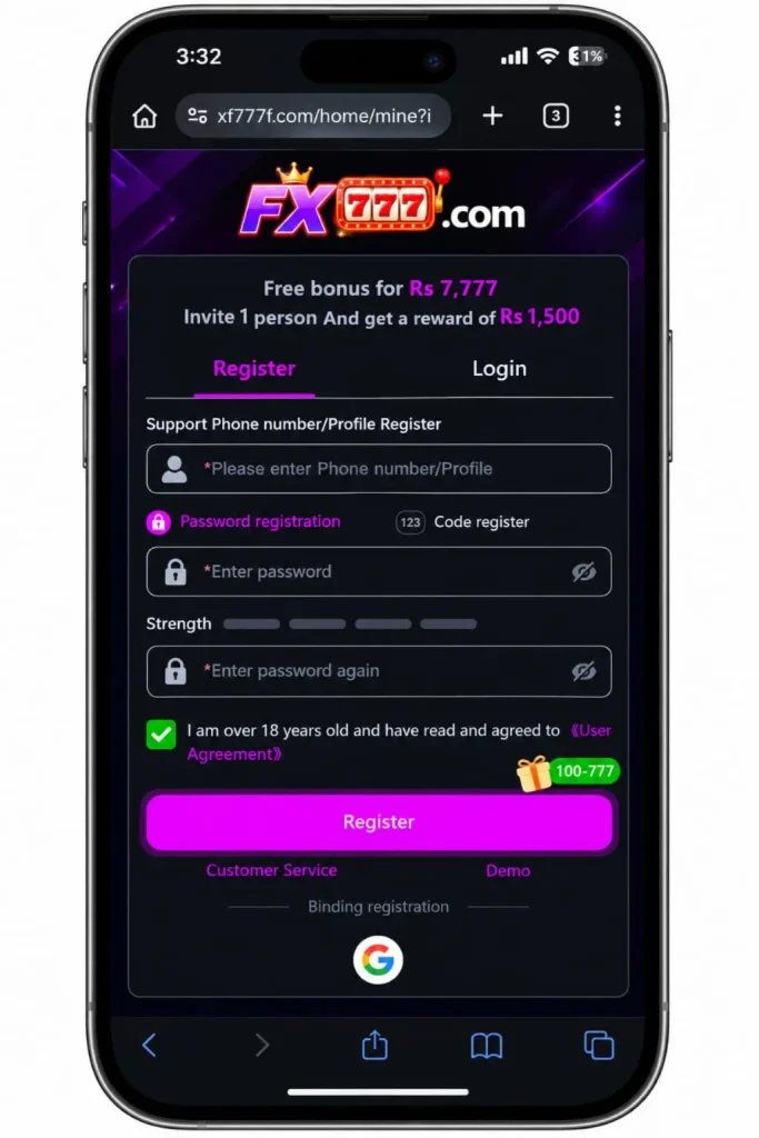 FX777 Game registration and login page