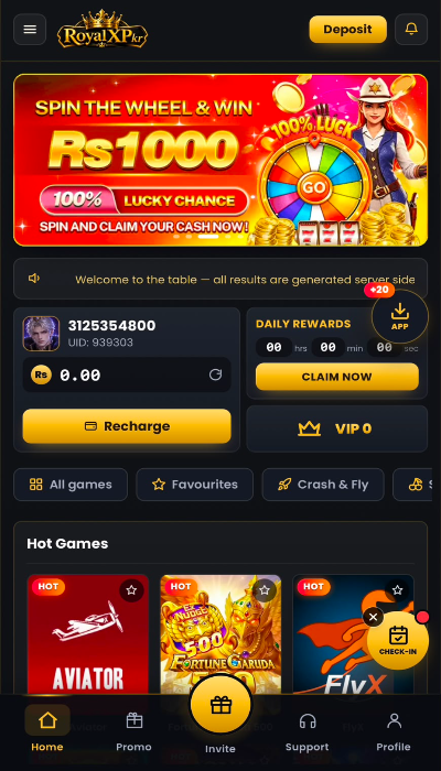 RoyalX Pkr Game dashboard interface on mobile