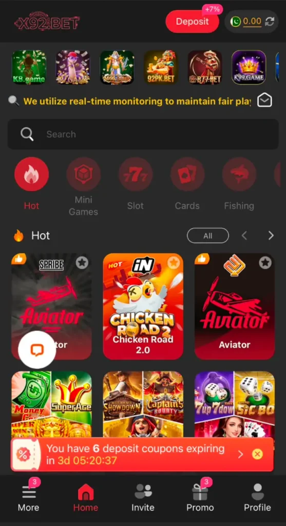 X92 Game dashboard with online gaming categories