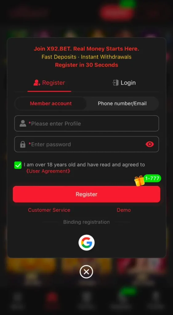 X92 Game login page for registered users