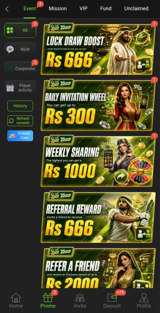 Y222 Game promotions and bonus offers